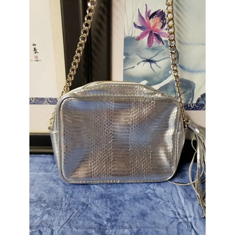 Victorias Secret  Metallic gray chain link gold strap w/tassel‎ crossbody bag